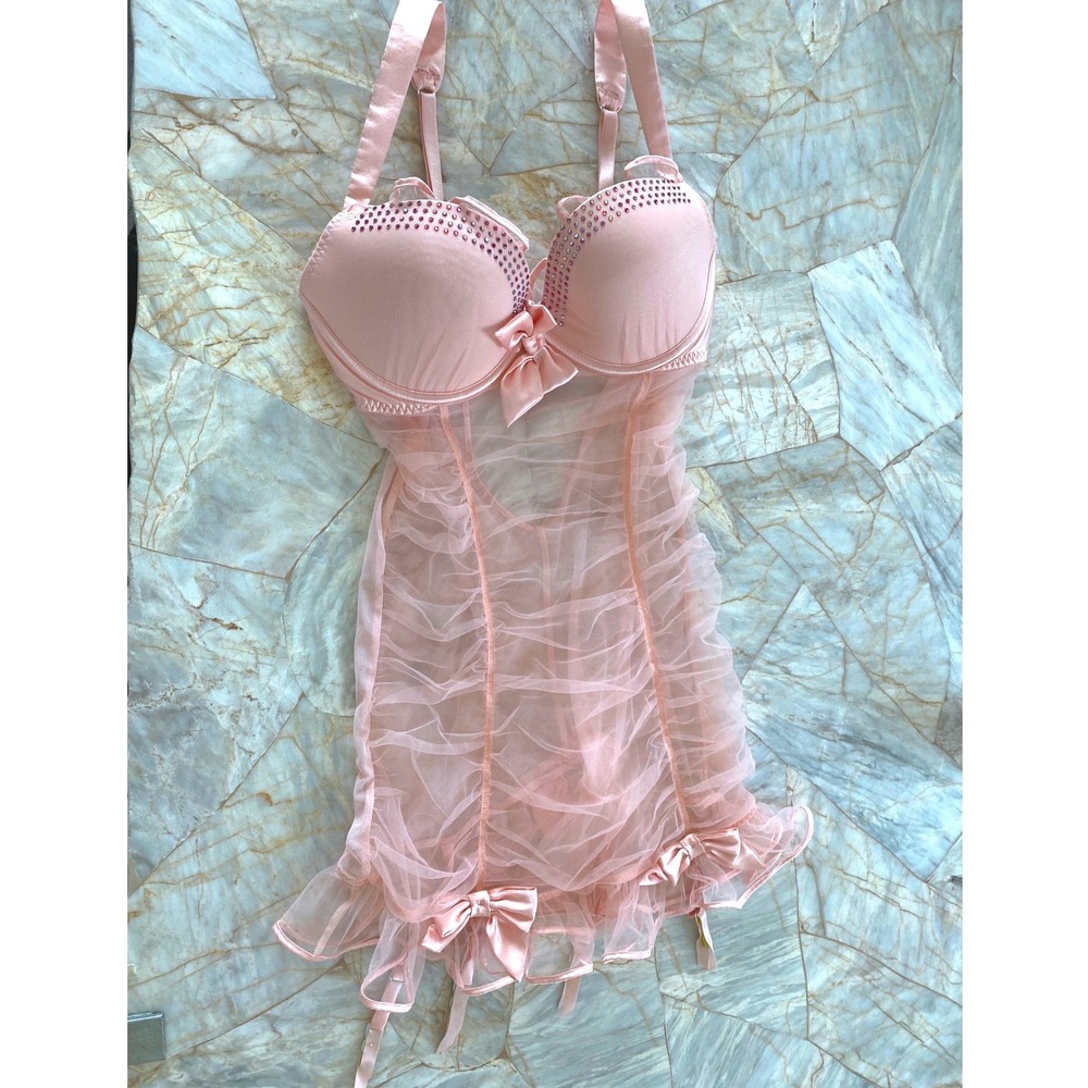 Victorias Secret Pink Rhinestone Mesh Garter Slip Chemise Bra Top 36B